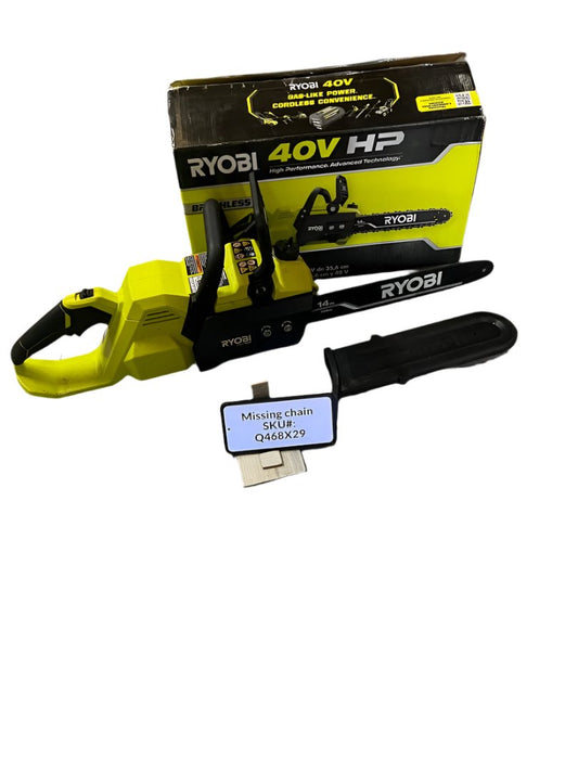 NO CHAIN USED Ryobi 40V HP 14 in. Chainsaw (Tool Only) RY405010BTL Q468X29