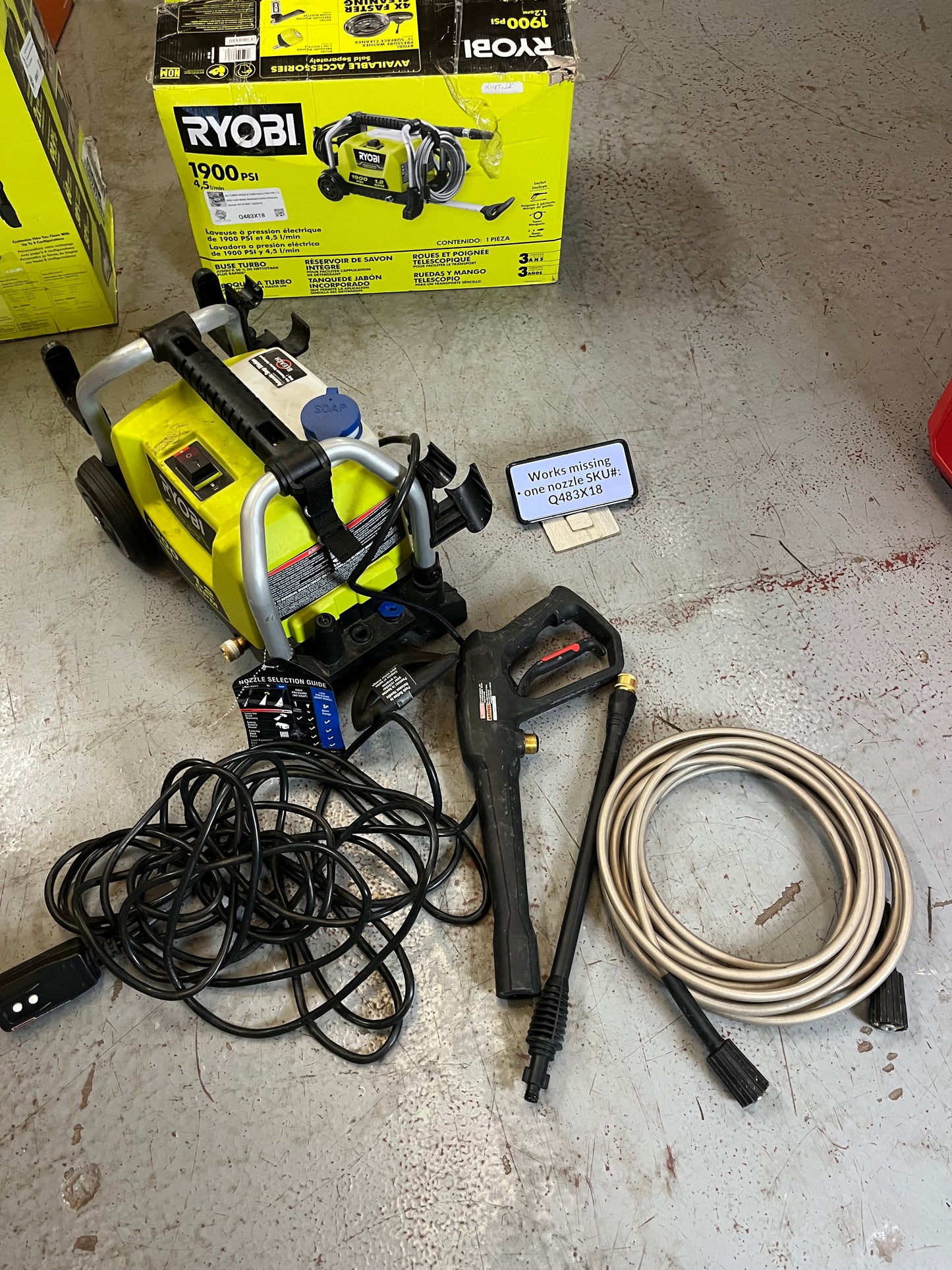 TURBO & SOAP NOZZLE ONLY USED Ryobi 1900 PSI 1.2 GPM Cold Water Wheeled Corded Pressure Washer RY1419MT Q483X18