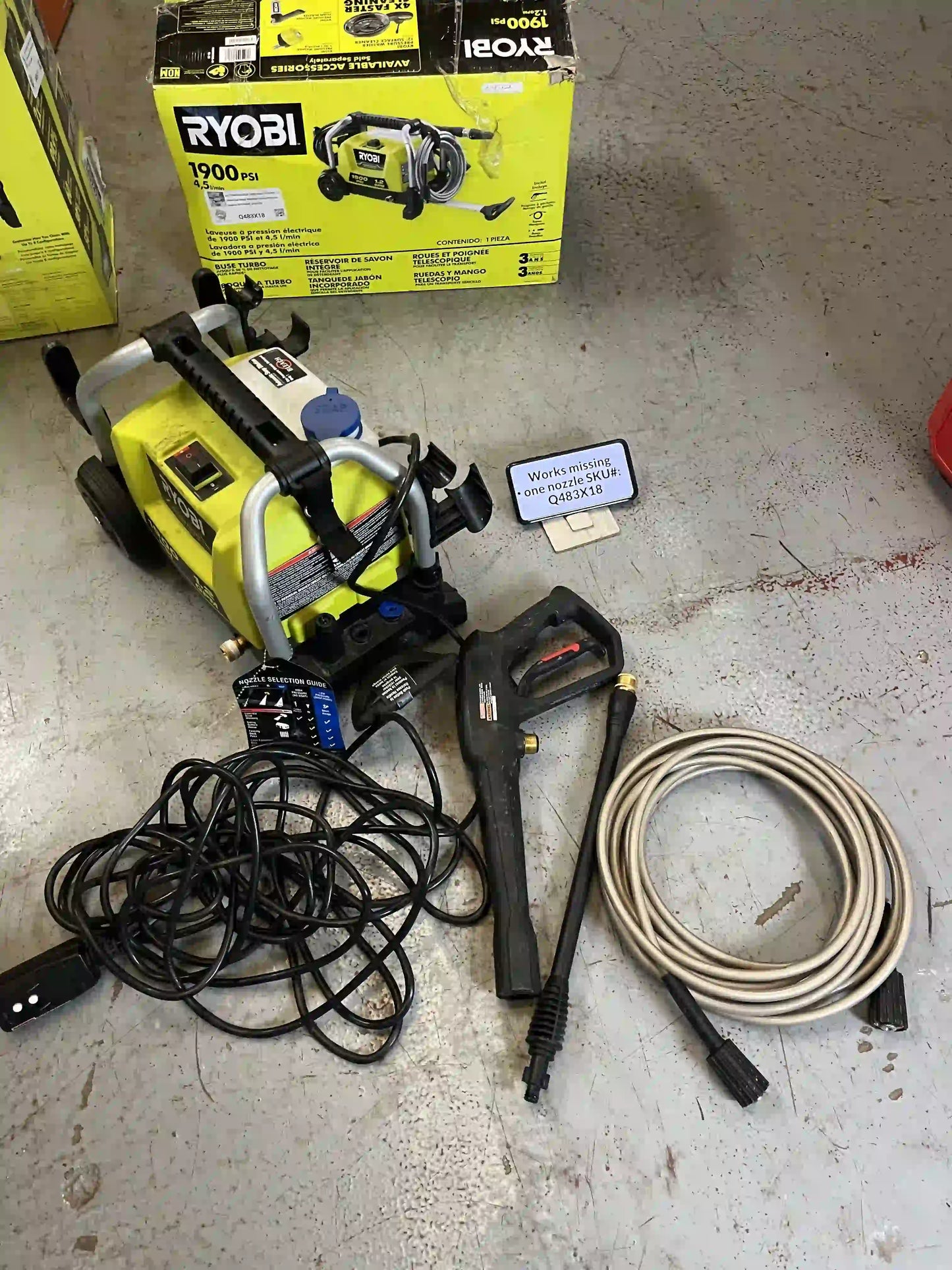TURBO & SOAP NOZZLE ONLY USED Ryobi 1900 PSI 1.2 GPM Cold Water Wheeled Corded Pressure Washer RY1419MT Q483X18