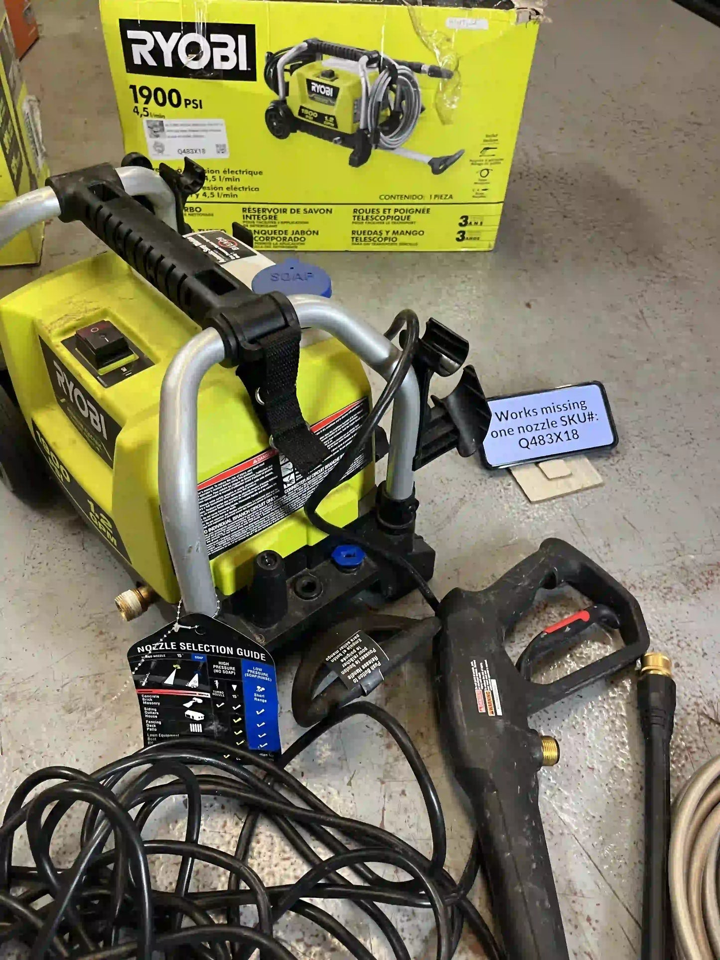 TURBO & SOAP NOZZLE ONLY USED Ryobi 1900 PSI 1.2 GPM Cold Water Wheeled Corded Pressure Washer RY1419MT Q483X18