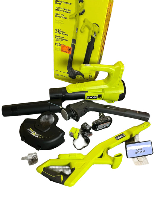 Ryobi 18V String Trimmer/Edger & Leaf Blower Kit ONE 2Ah Battery & Charger PCLCK201K Q491X34