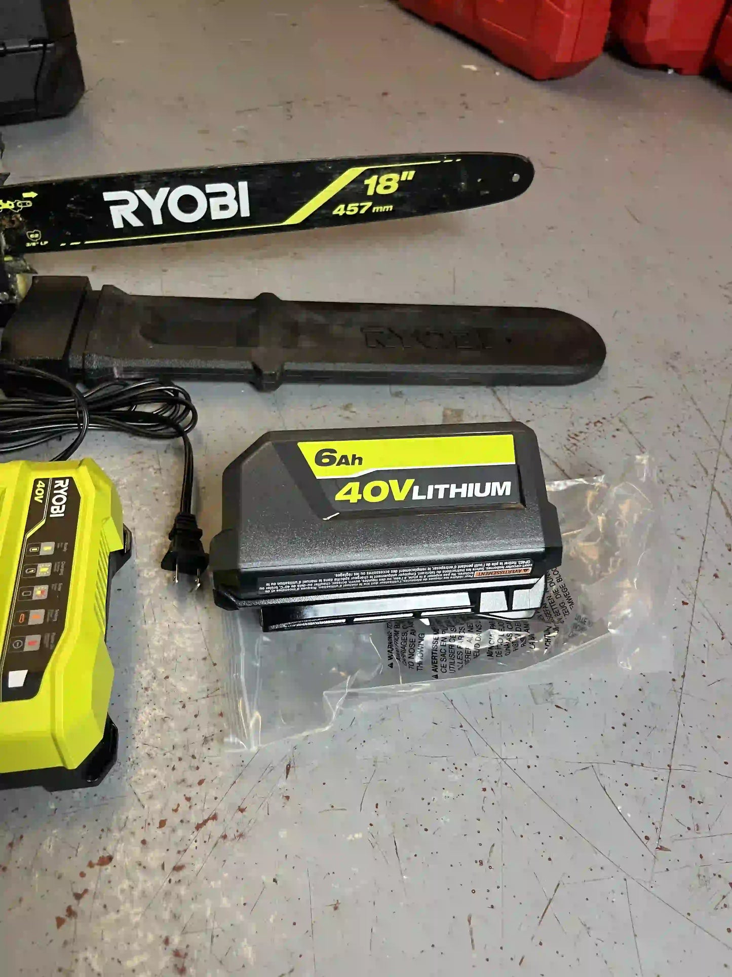 NO CHAIN BLADE USED Ryobi 40V HP 18 in. Chainsaw Kit ONE 6Ah Battery & Charger RY40HPCW01K Q500X11