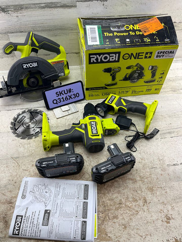 Ryobi 3 Tool Kit Drill 5 1/2 in Circular Saw & Light 2 1.5Ah Batteries & charger