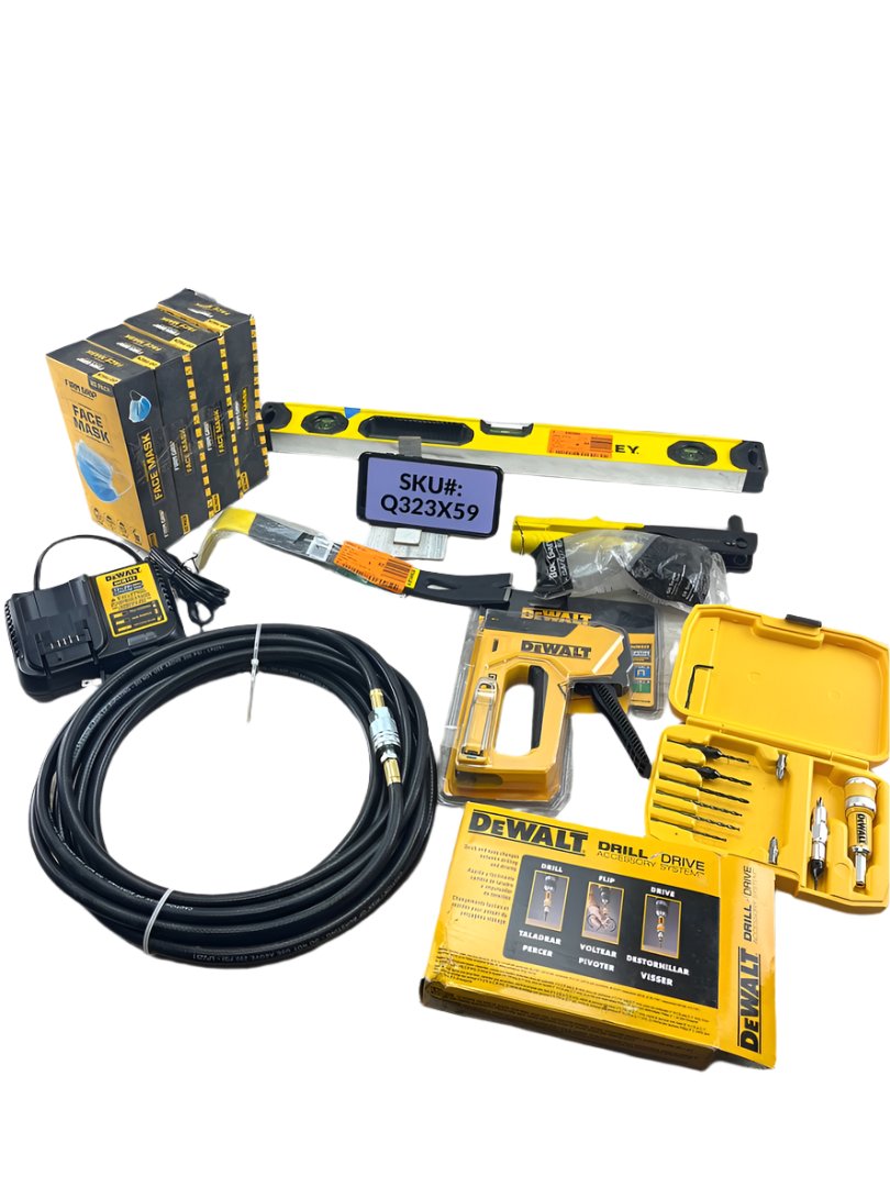 Dewalt 12 PC Lot Dust Masks Level Stapler Rivet Gun Goggles Bit Drive Kit Air Hose